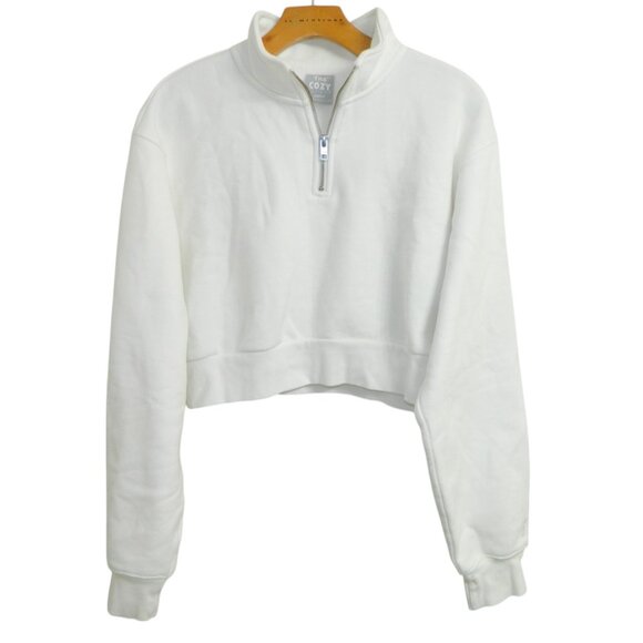 TNA Cozy Fleece Perfect Bright White Cropped Long Sleeve Sweatshirt Size M - Picture 3 of 13